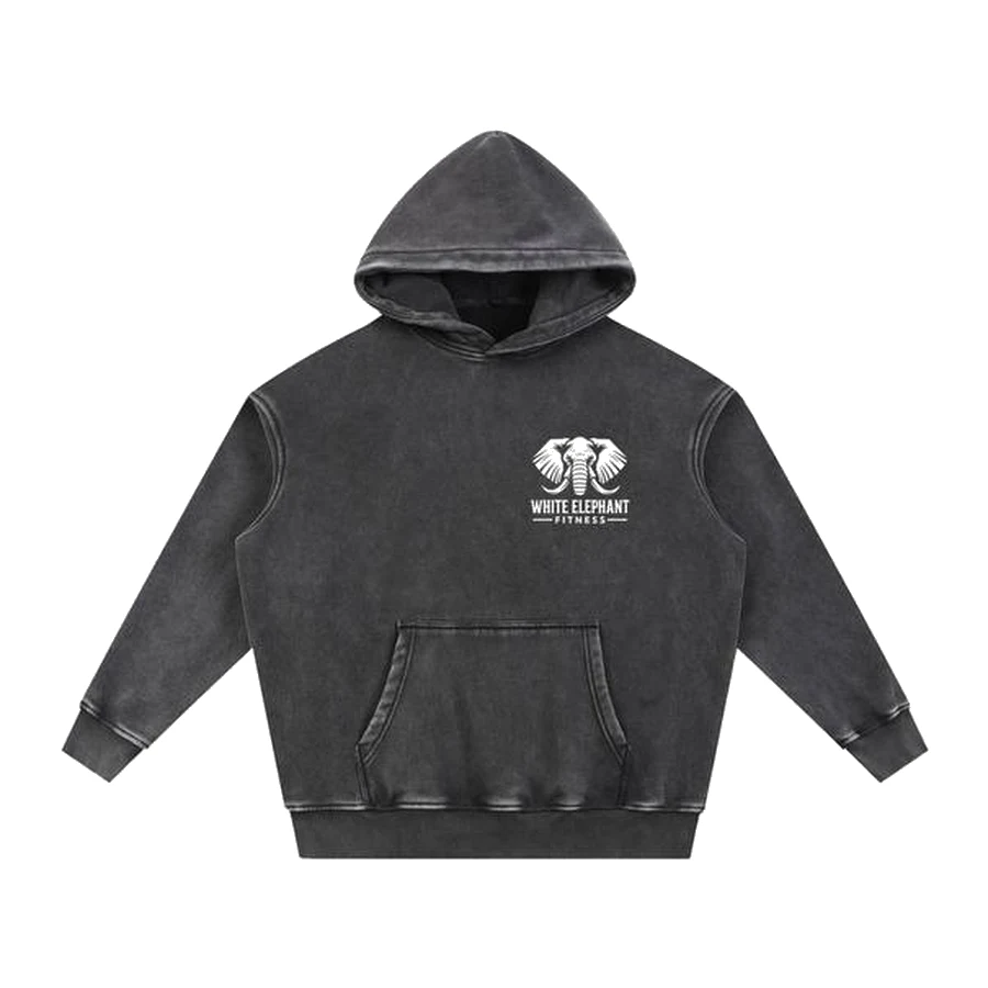 Washed charcoal hoodie with the White Elephant Fitness logo on the chest