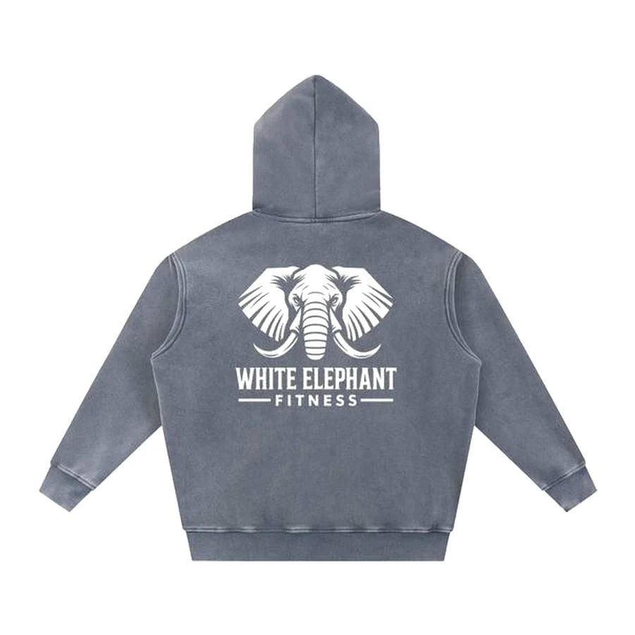 Back of the slate grey hoodie with a large White Elephant Fitness logo