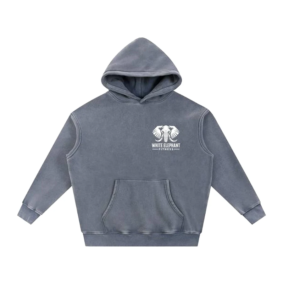 Washed slate grey hoodie with the White Elephant Fitness logo on the chest
