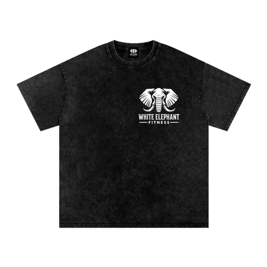 Washed black T-shirt with the White Elephant Fitness logo on the chest