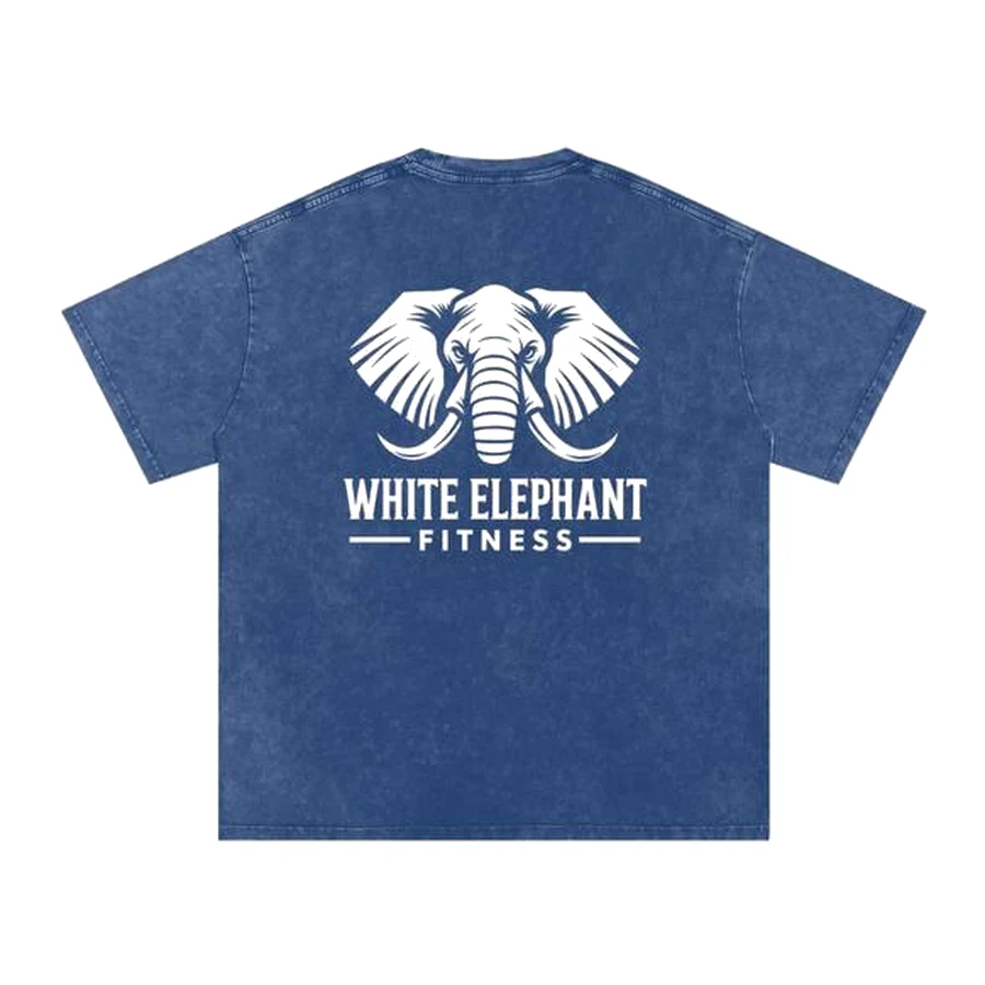 Back of the washed blue T-shirt with a large White Elephant Fitness logo
