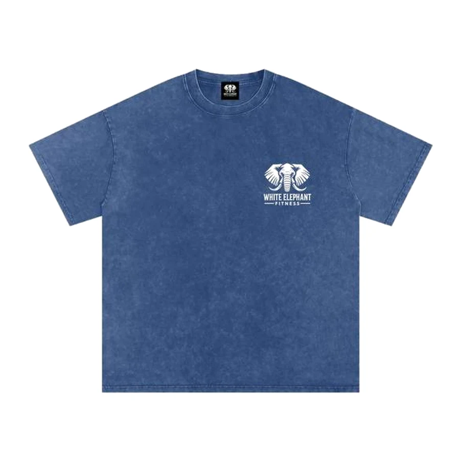 Washed blue T-shirt with a small White Elephant Fitness logo on the chest